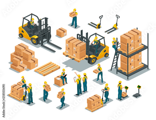 Set of isometric vector elements of warehouse design. Forklift, pallet, boxes, floor scales, manual pallet jack, men and women workers wearing working overalls and work safety helmet. 