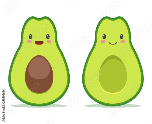 Cute kawaii avocado couple. Cartoon face character with a smile. Template design for food concept, greeting card, post card, flyer, print, badges, banner, sticker, poster.
