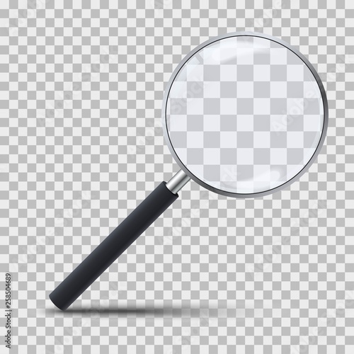 Realistic magnifying glass on transparent background. 3d magnifier loupe with glass and dark handle. Search and inspection symbol. Bussiness concept. Sciene or school supplies.