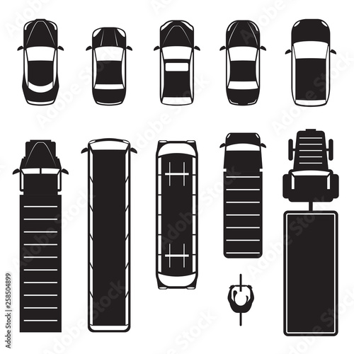 Collection of car icons, silhouette. Top of view. Vector illustration isolated on white background