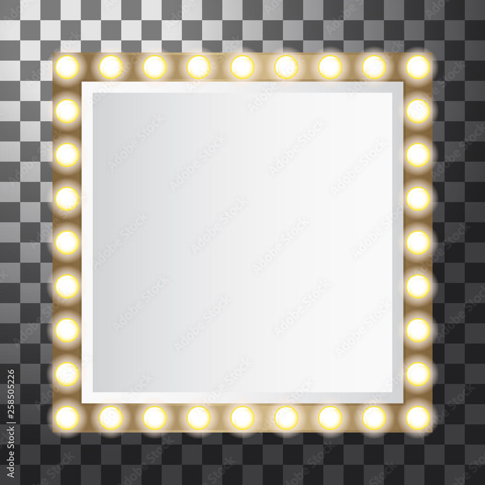 Square mirror with light bulbs, vector illustration isolated on transparent background