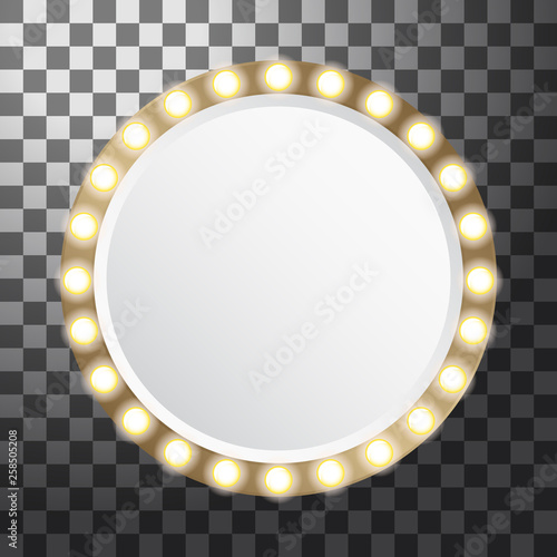 Circle mirror with light bulbs, vector illustration isolated on transparent background