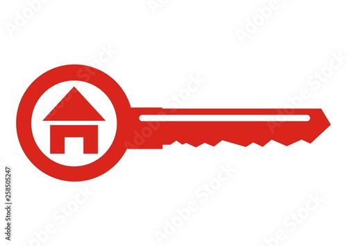 House at key, vector icon. Red silhouette key with house. Concept for real estate agency or turnkey construction.