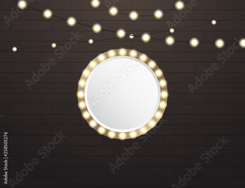 Round mirror, brick background with light bulbs. Vector illustration