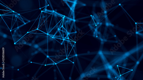 Abstract background with connecting dots and lines. Distribution of triangular shapes in space. Big data. Network connection structure. 3D rendering photo