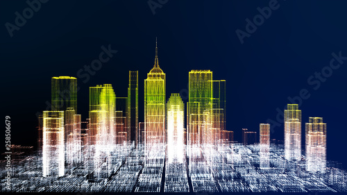 Future cyber business city and city energy technology concept, neon color city architecture model color changing, 3D Rendering for presentation