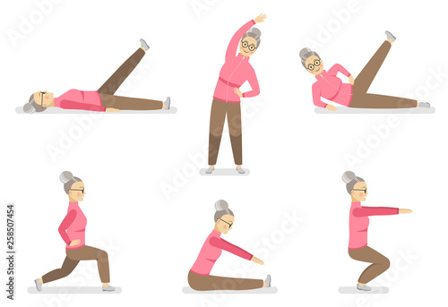 Happy grandmother in a pink sports sweater and brown pants engaged in gymnastics. Set of flat vector illustrations.