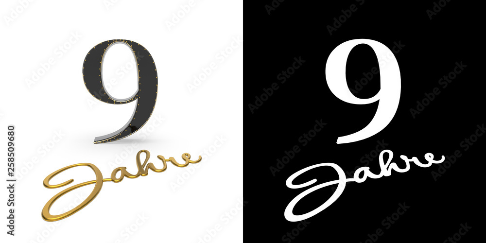 German golden number nine years. 3D render German golden number nine years. 3D render
