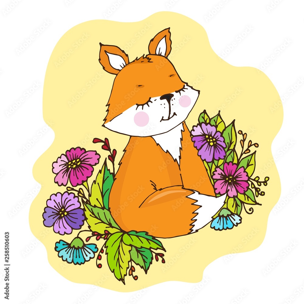 Fototapeta premium Doodle cute little Fox in flowers