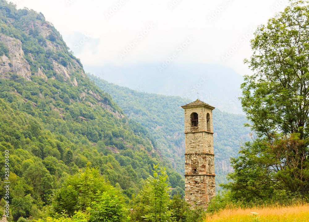 an ancient bell tower from the last century/an ancient bell tower from the last century located at the Fondo Valchiusella,Piedmont in Italy