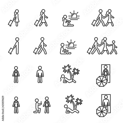 Vector set of people on summer vacation line icons.