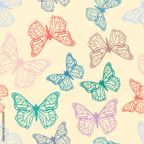 Cute detailed butterflies, seamless pattern in soft colours