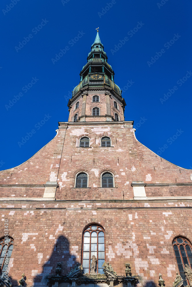 Frontage of Lutheran church of St Peter, Old City of Riga, Latvia