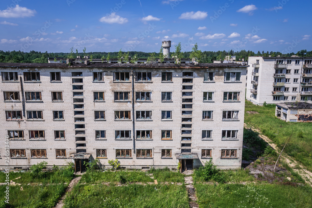 Residential buildings in abandoned former Soviet military town Skrunda in Latvia