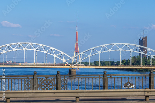 Railway Bridge over Daugava River and Radio & Television Tower in Riga, Latvia
