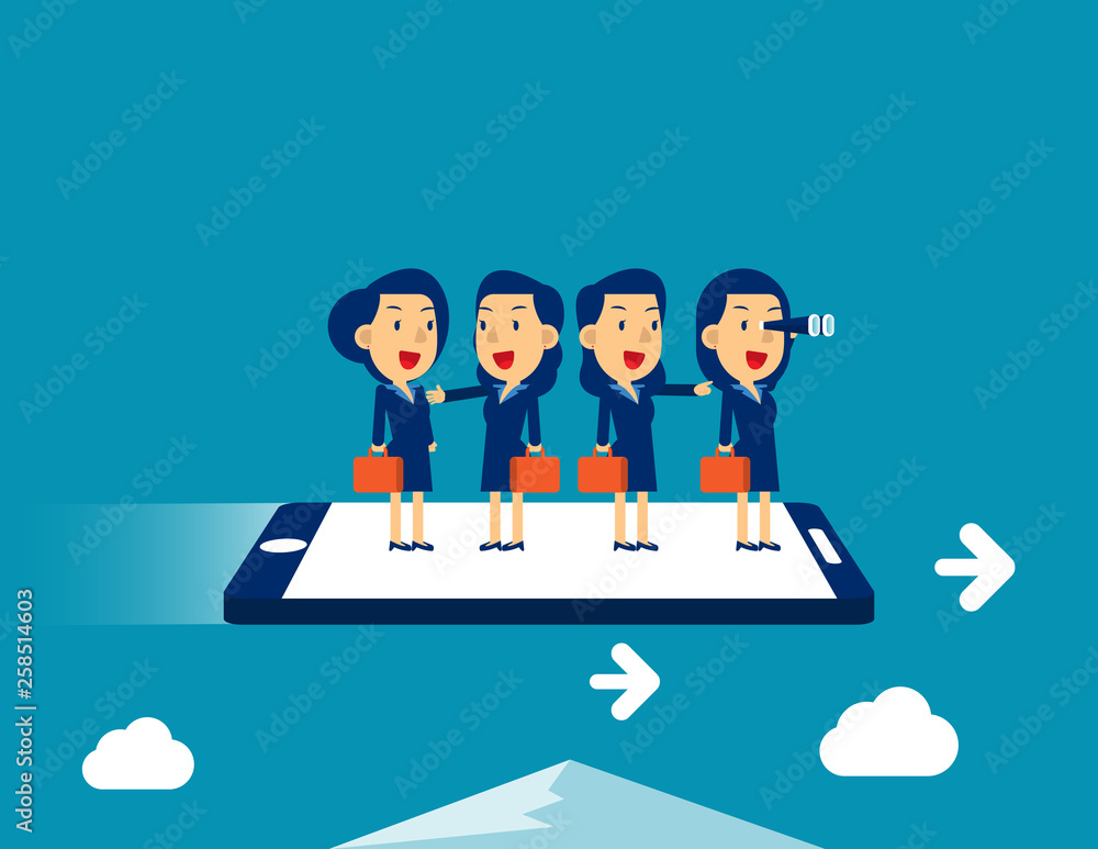 Business team fying on smarthphone. Concept business vector illustratoin, Meeting, Teamwork. Business team fying on smarthphone. Concept business vector illustratoin, Meeting, Teamwork.