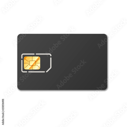 Black sim card template for phone with golden glossy chip on white photo