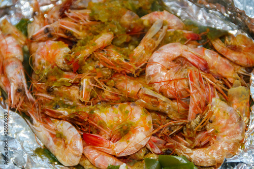 Close-up of shrimps baked in foil