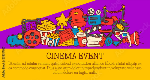 Cinema event poster flyer media production background vector. Sale ticket banner. Movie time and entertainment concept. Camera cinematography advertising flat illustration. © Vectorwonderland