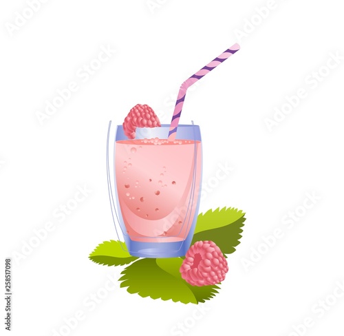 Smoothie in glass bottle with raspberries. Fresh organic smoothie ingredients. Health or detox diet food concept.