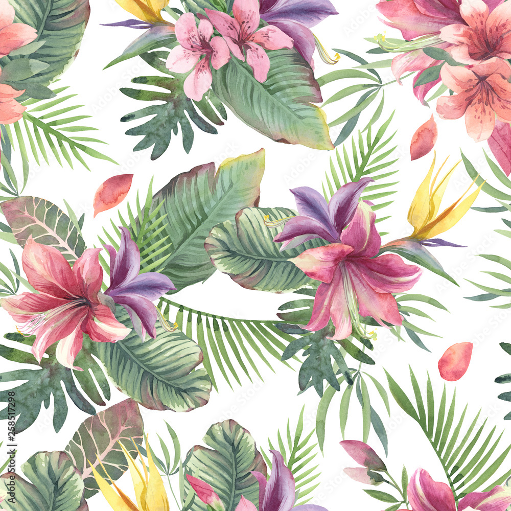 Watercolor seamless pattern of tropical flowers and leaves on white background
