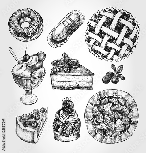 Ink hand drawn set of berry pies, cakes, desserts, pastries. Food elements collection. Vector illustration. Menu or signboard template.