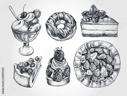 Ink hand drawn set of berry pies, cakes, desserts, pastries. Food elements collection. Vector illustration. Menu or signboard template.