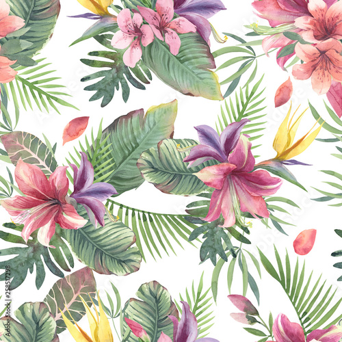 Watercolor seamless pattern of tropical flowers and leaves on white background
