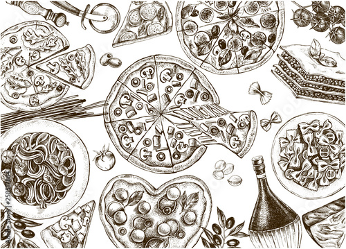 Background with Ink hand drawn products and dishes of Italian cuisine. food elements composition. Vector illustration.