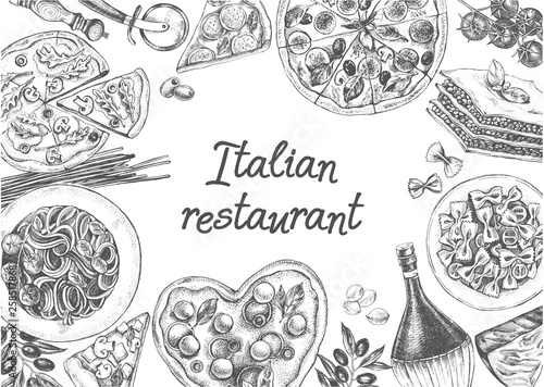 Background with Ink hand drawn products and dishes of Italian cuisine. food elements composition. Vector illustration.