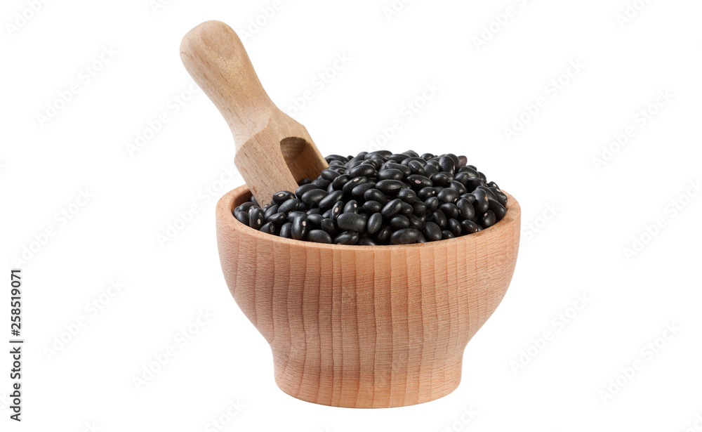 black bean in wooden bowl and scoop isolated on white background. nutrition. food ingredient. black bean in wooden bowl and scoop isolated on white background. nutrition. food ingredient.