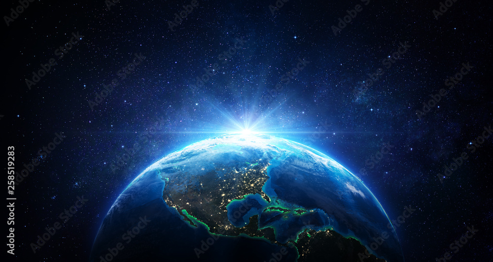 Sunrise In The Space - Blue Earth With City Lights - Usa elements of this image furnished by NASA - 3d Rendering - obrazy, fototapety, plakaty 
