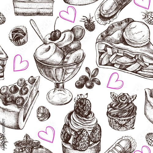 Decorative seamless pattern with Ink hand drawn berry pies, cakes, desserts, pastries. Food elements texture for your design. Vector illustration.