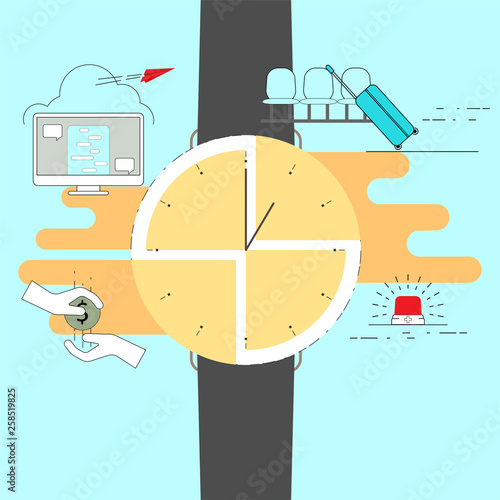 Time management concept. In time metaphor. Done in response to urgency. Symbols of urgent situations. Vector illustration concept outline flat design style.