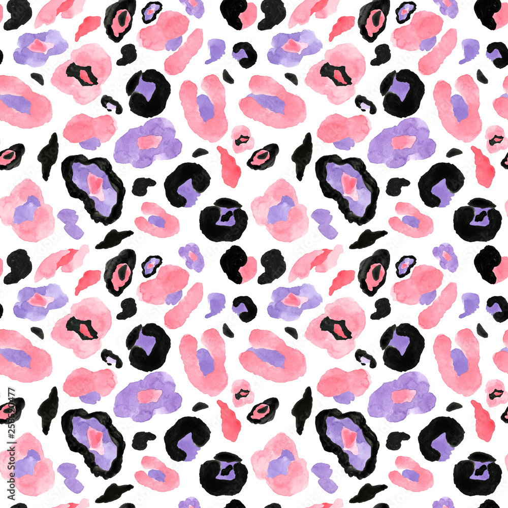 Fototapeta premium Trendy Watercolor hand painted leopard skin seamless pattern on white background. Animal Exotic coat print with pink, purple and black spots for textile, clothes, fabric, cheetah wallpapers