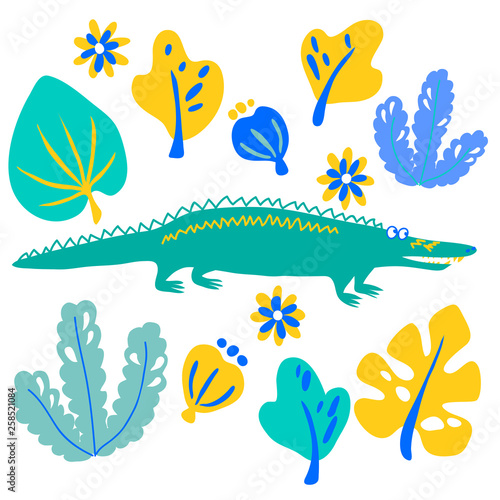 vector green crocodile alligator cute cartoon illustration with palm flowers set on white