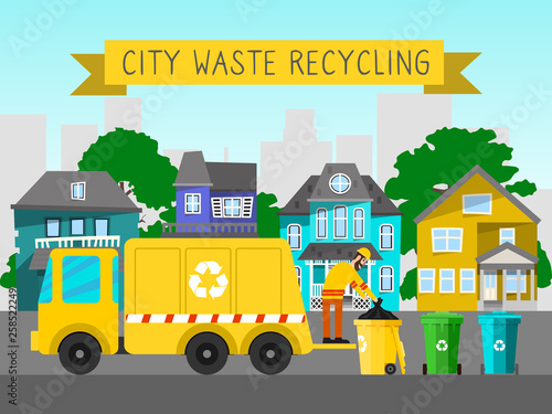 Recycle city waste garbage truck banner bin trash vector illustration. rubbish container electronic household ewaste can recycling. Conservation box dirty dustbin factory tool.