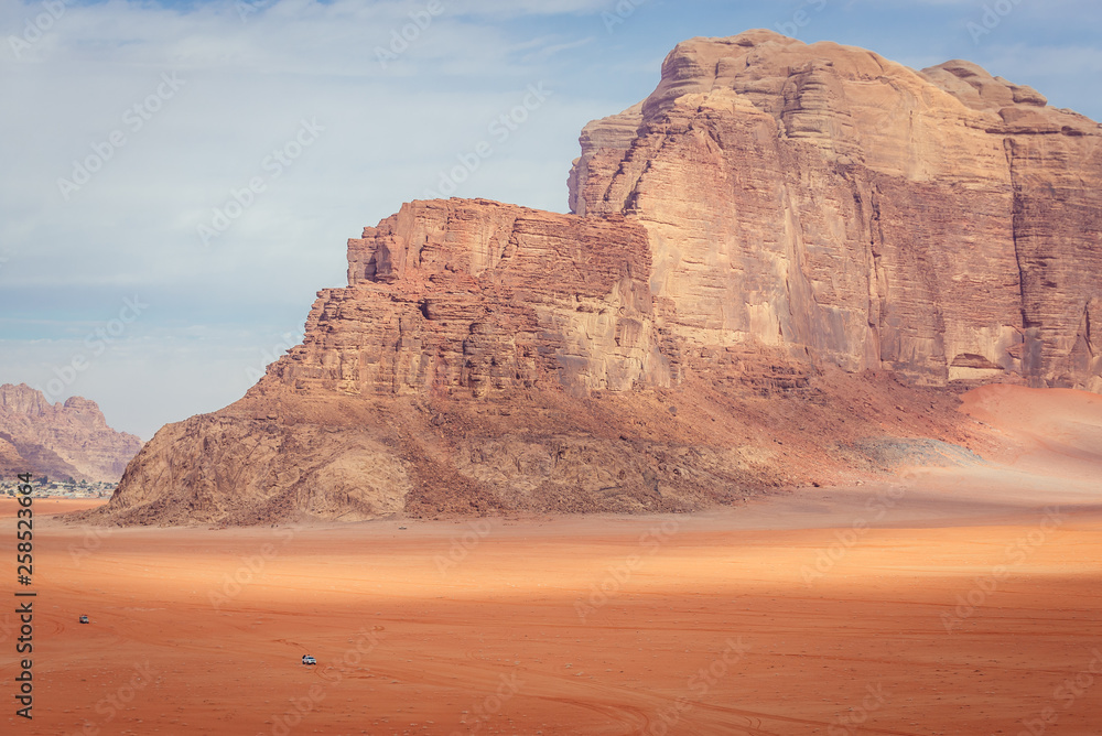 View from so called Red Sand Dune in Wadi Rum also known as Valley of light or Valley of sand in Jordan