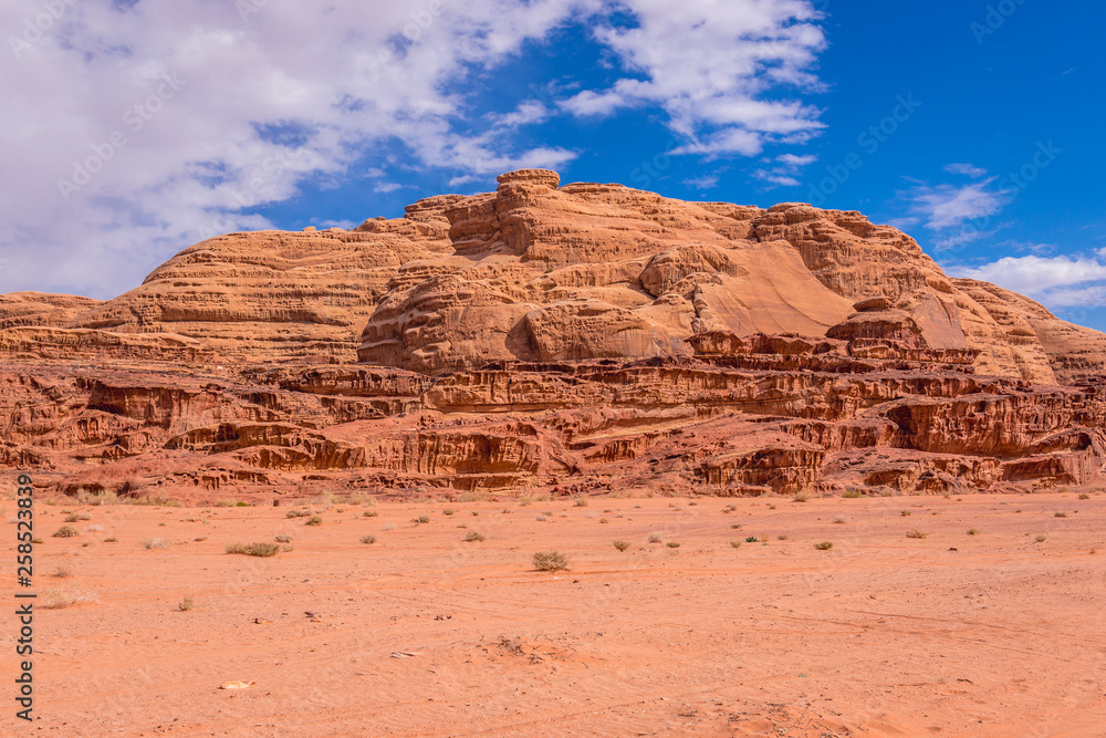 Rocky mountain in Wadi Rum also known as Valley of light or Valley of sand in Jordan Rocky mountain in Wadi Rum also known as Valley of light or Valley of sand in Jordan