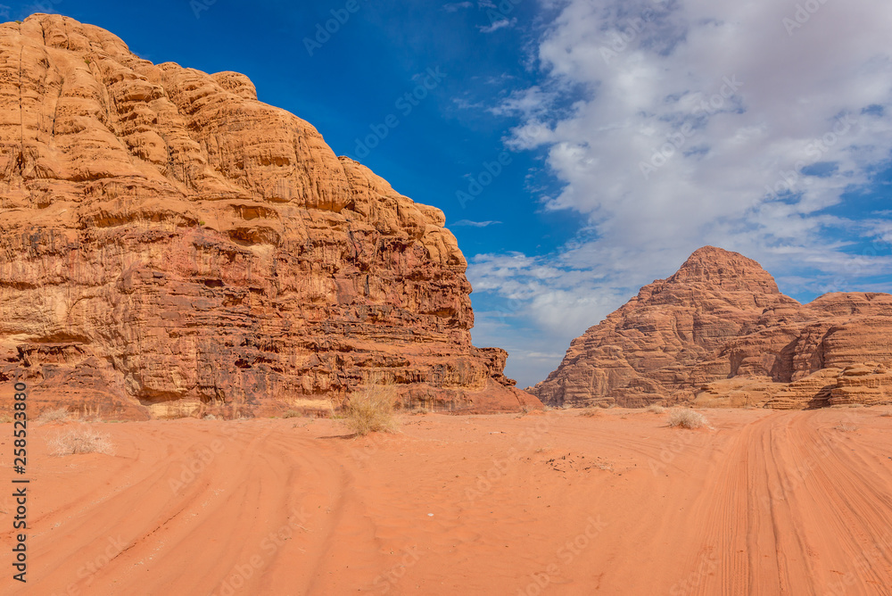 Landscape in Wadi Rum also known as Valley of light or Valley of sand in Jordan