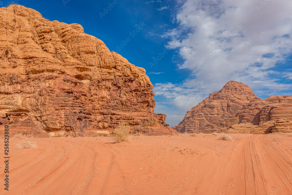 Landscape in Wadi Rum also known as Valley of light or Valley of sand in Jordan Landscape in Wadi Rum also known as Valley of light or Valley of sand in Jordan