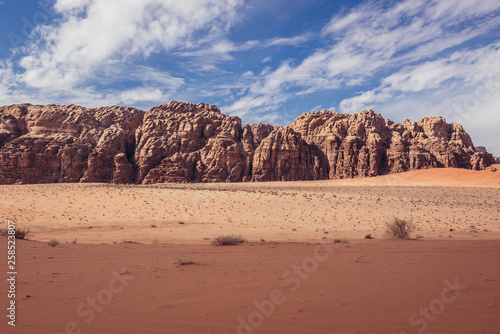 Landscape of Wadi Rum also known as Valley of light or Valley of sand in Jordan