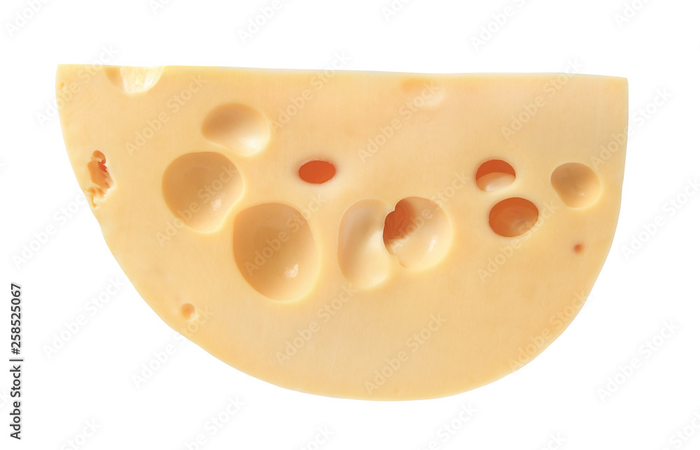 Maasdam cheese slice cut isolated on white background with clipping path. Maasdam cheese slice cut isolated on white background with clipping path.