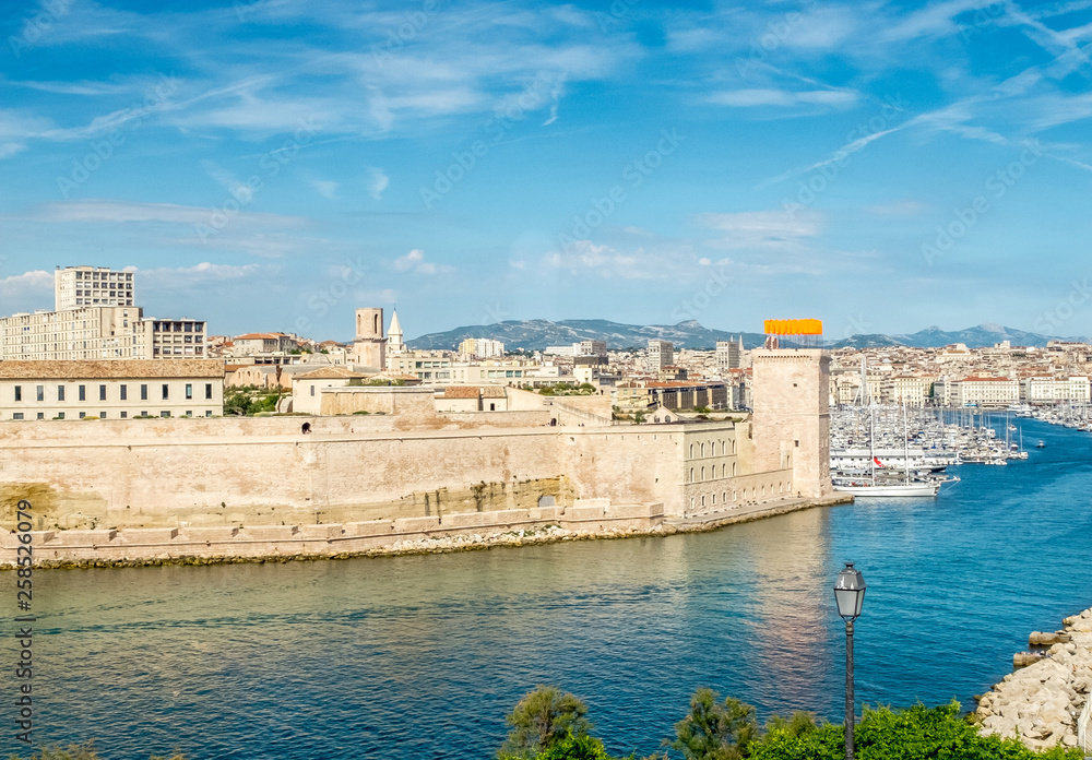  View of Fort saint-Jean,from opposite bank of entrance to the port,Marseille,France.