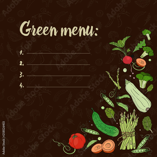 Set with vegetables on a dark background. Green menu. Eco foodCucumber, zucchini, asparagus, peas, broccoli, tomatoes, carrots. Vector photo