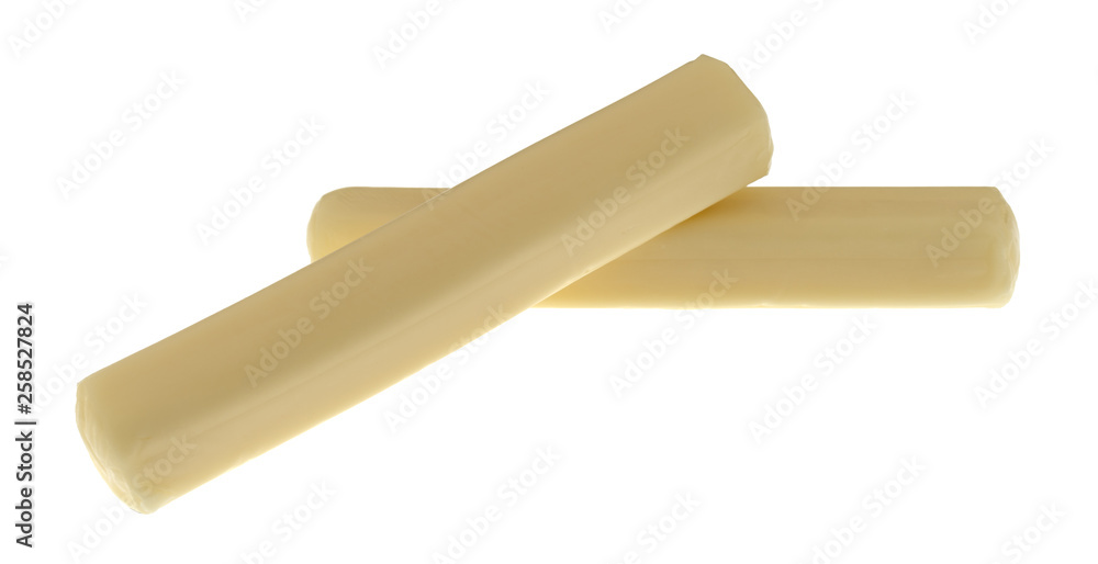 Two pieces of mozzarella snack string cheese on a white background