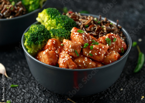 Teriyaki chicken, steamed broccoli and wild rice served in two Asian clay bowls
