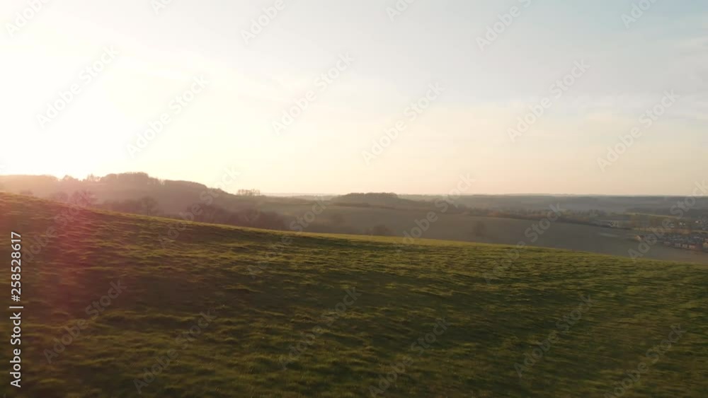 British Countryside Sunset, Aerial Flyover Field Gate. British Countryside Sunset, Aerial Flyover Field Gate.