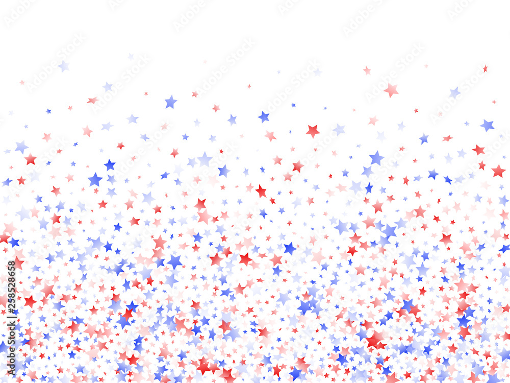 Flying red blue white star sparkles on white vector american patriotic background. Flying red blue white star sparkles on white vector american patriotic background.