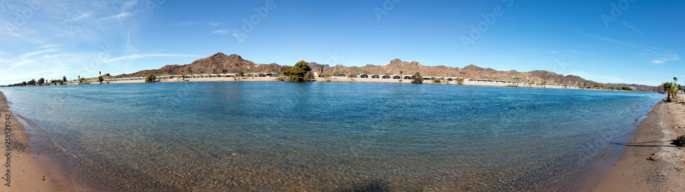 Arizona panorama showing the distant California side of the Colorado River.
